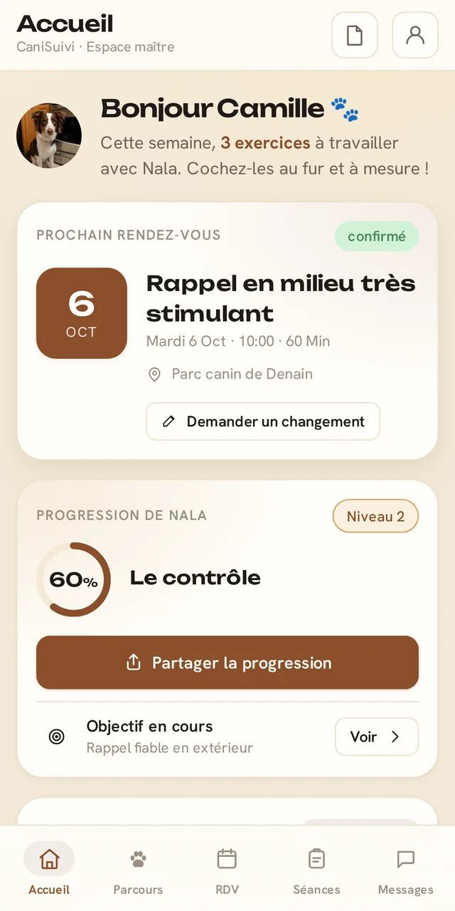 Capture réelle de l'espace client CaniSuivi : accueil