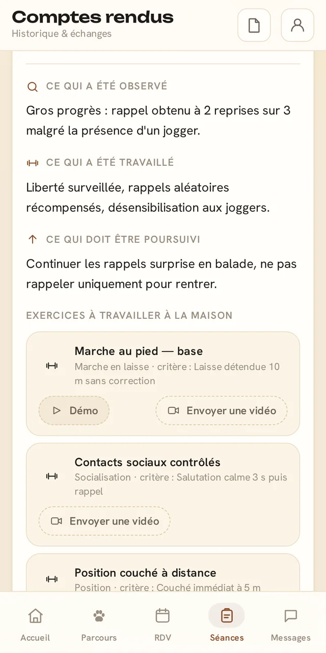 Capture réelle de l'espace client CaniSuivi : compte rendu