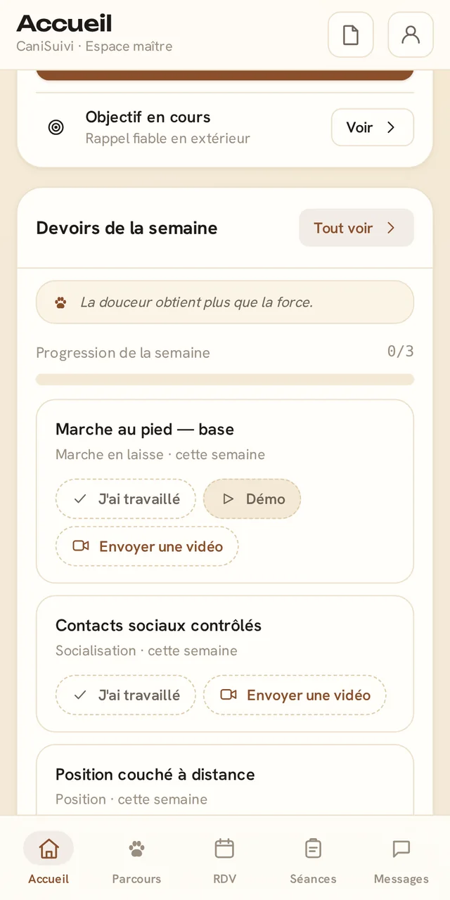 Capture réelle de l'espace client CaniSuivi : devoirs de la semaine