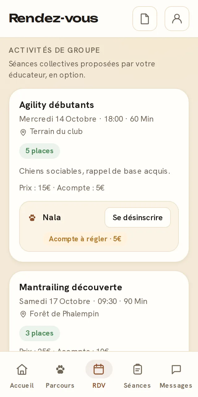 Rubrique Activités de groupe dans l'espace client CaniSuivi : cours d'agility avec places restantes, prix, acompte et chien inscrit