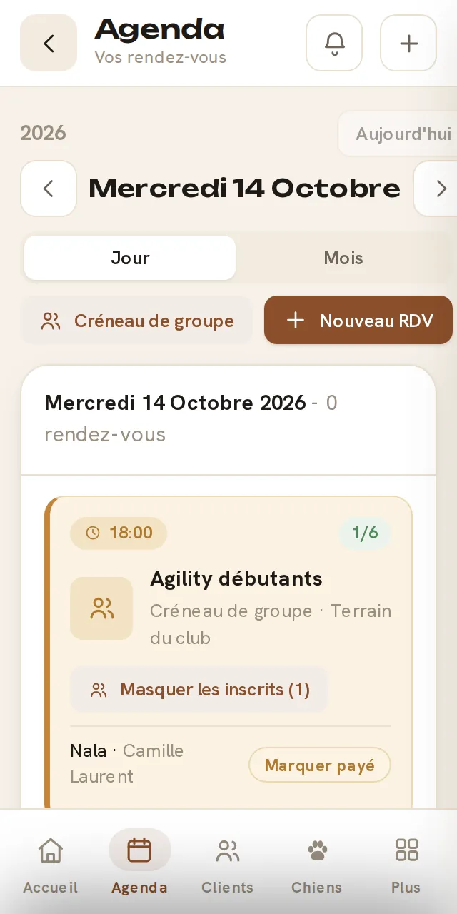 Créneau de groupe dans l'Agenda de l'éducateur sur CaniSuivi : places occupées, liste des inscrits et suivi de l'acompte