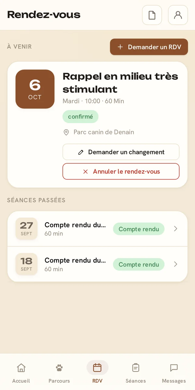 Capture réelle de l'espace client CaniSuivi : rendez-vous