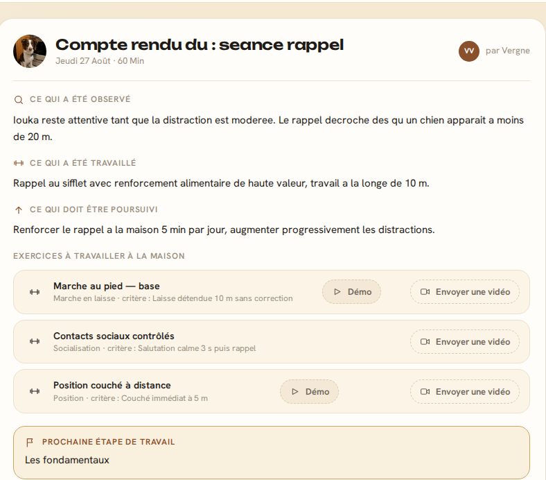 Compte rendu de séance consultable dans l'espace client CaniSuivi, avec les exercices à travailler à la maison