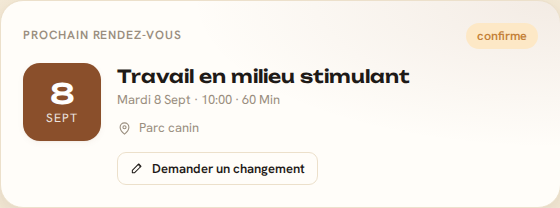 Prochain rendez-vous dans l'espace client CaniSuivi, avec la demande de changement de créneau