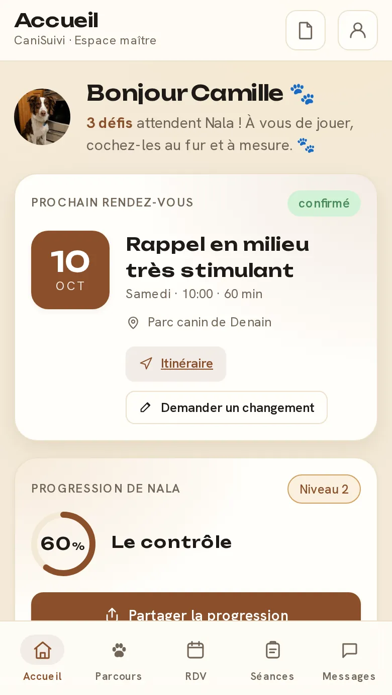 Espace client CaniSuivi : prochain rendez-vous, défis et progression du chien