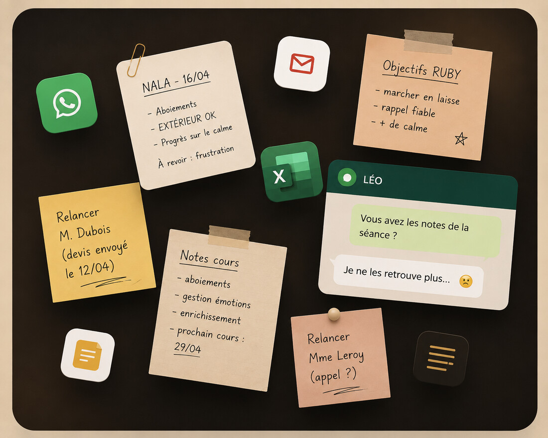Avant CaniSuivi : notes, post-its, messages WhatsApp et applications éparpillés